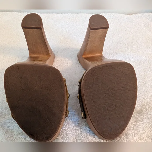 Coach Cagney Clear Bronze Gold Wooden Sz.7.5 Platform Slip-On Heels - Picture 9 of 13